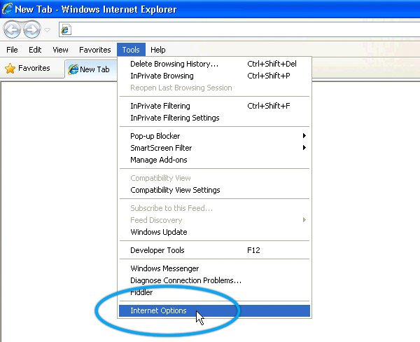 Screenshot of the tools menu for Internet Explorer 6/7/8